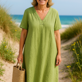 Letizia - שמלת כותנה ופשתן עם שרוולים קצרים