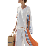 אלינה | מכנסיים רחבים עם פסים וחולצת פשתן קלילה