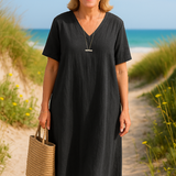 Letizia - שמלת כותנה ופשתן עם שרוולים קצרים