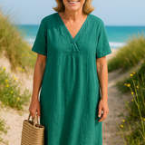 Letizia - שמלת כותנה ופשתן עם שרוולים קצרים