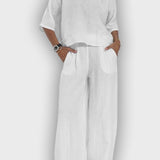 חליפת כותנה-פשתן אלגנטית לנשים בשני חלקים